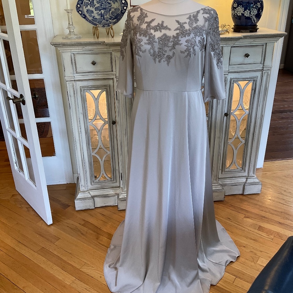 La Femme Embroidered Silver Formal Gown Size 16 NWOT